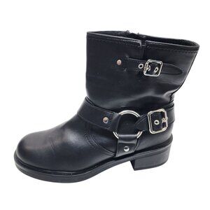 Black Leather Moto Ankle Boots With Decorative Buckles & Side Zip Size 10